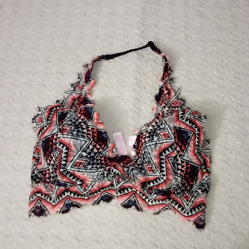 Victoria Secret Pink Lace Bralette Halter Lined Geometric XS